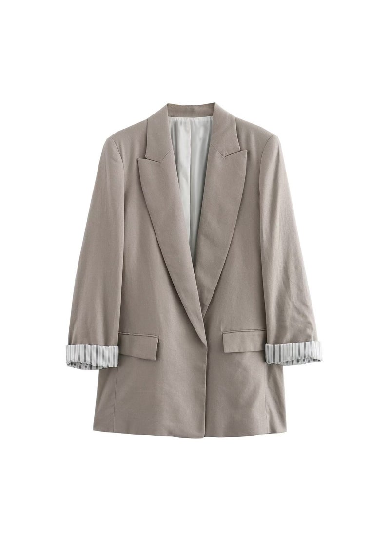 Generic - Linen Wool Blend Roll Sleeve No Button Suit Jacket 2024 Spring Autumn New Product European American Cross-border Womens Fashion coal gray - Image 1