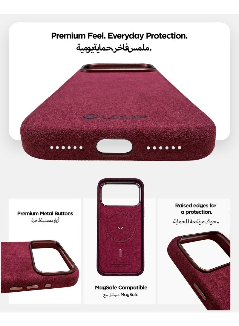 لووب جراب LOOP ألكانتارا لهاتف أبل آيفون 18 برو، غطاء نحيف متوافق مع MagSafe، ملمس شمواه ناعم، أزرار معدنية، حماية مرتفعة للكاميرا والشاشة، لون عنابي - Image 5