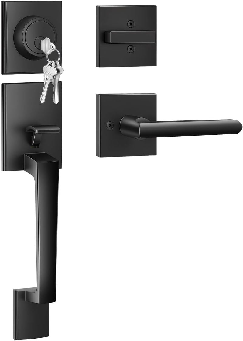 Ohuhu Matte Black Front Door Lock Set with Lever Handle and Deadbolt - Image 1