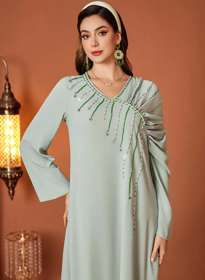 Take Two Take Two Embellished Long Sleeve V-Neck A-Line Jalabiya