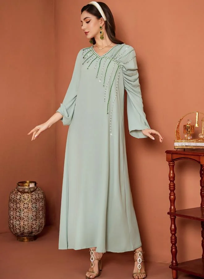 Take Two Take Two Embellished Long Sleeve V-Neck A-Line Jalabiya