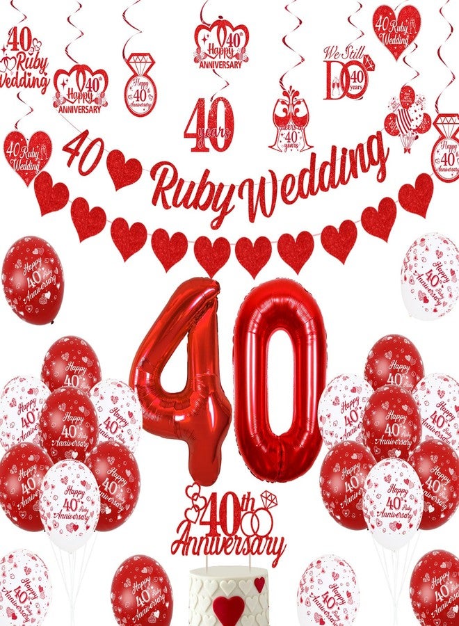 Fangleland 40th Ruby Wedding Anniversary Decorations, We Still Do 40 Years Cheers to 40 Years Anniversary Celebration Party Supplies - Balloon Cake Topper Hanging Swirls Love Garland Banner - Image 1