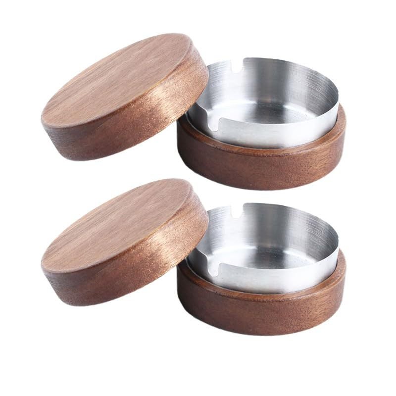 Windproof Ashtray Set Of 2 Walnut Wood & Stainless Steel Insert - Odor-proof Sealed Lid Cigar Smoking Tray For Indoor Outdoor Bars Living Rooms Offices Parties - Image 1