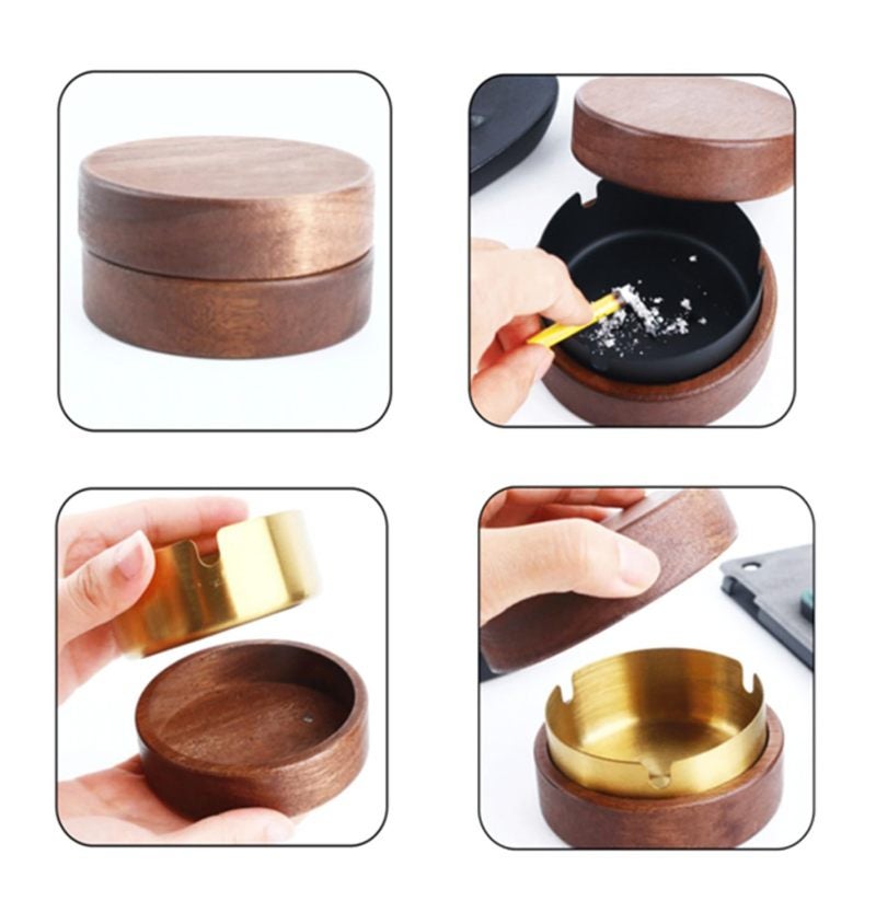 Windproof Ashtray Set Of 2 Walnut Wood & Stainless Steel Insert - Odor-proof Sealed Lid Cigar Smoking Tray For Indoor Outdoor Bars Living Rooms Offices Parties - Image 4