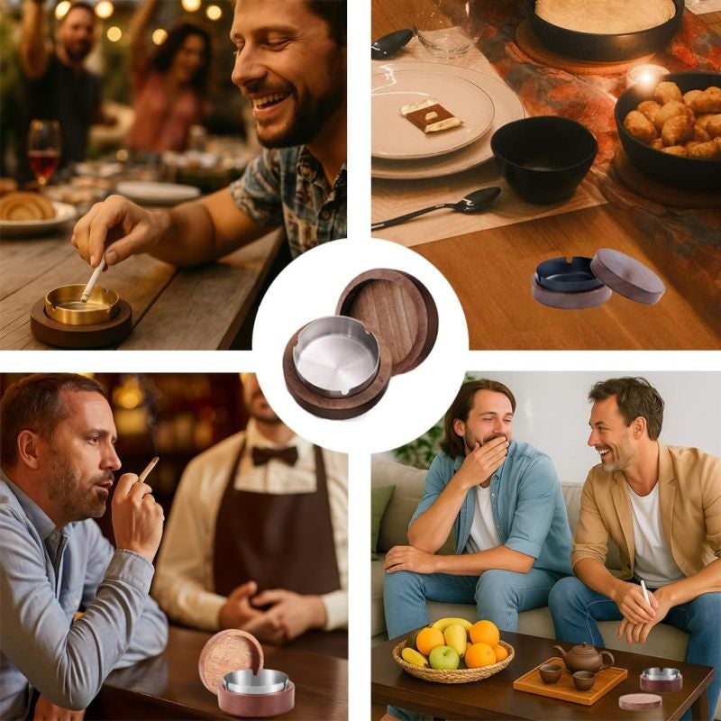 Windproof Ashtray Set Of 2 Walnut Wood & Stainless Steel Insert - Odor-proof Sealed Lid Cigar Smoking Tray For Indoor Outdoor Bars Living Rooms Offices Parties - Image 5