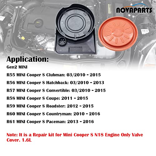 NOVAPARTS Valve Cover Cap PCV with Membrane N18 Engine Replacement for 2010-2016 MINI Cooper S R55 R56 R57 R58 R59 R60 R61 1.6L 11127646552 11127603390 - Image 2