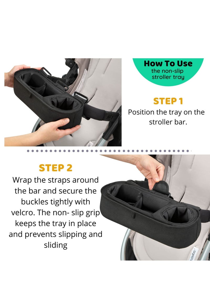 Universal Stroller Tray with Insulated Drink Cup Holder, Non-Slip Straps, Stroller Rail, and Upgraded Solid Frame that Stays Upright. Stroller snack tray attachment, pockets for toys - Image 2