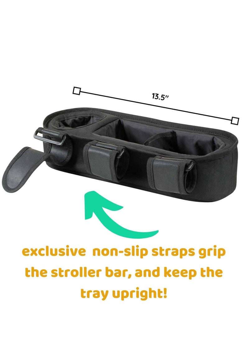 Universal Stroller Tray with Insulated Drink Cup Holder, Non-Slip Straps, Stroller Rail, and Upgraded Solid Frame that Stays Upright. Stroller snack tray attachment, pockets for toys - Image 4