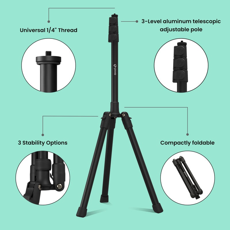 Pivo 63" Extendable Cell Phone & Camera Tripod with Sturdy, Lightweight, Portable, Foldable Stand for Video Recording with Universal 1/4"" Thread for DSLR, Smartphone, Action Camera & Pivo Pods - Image 2