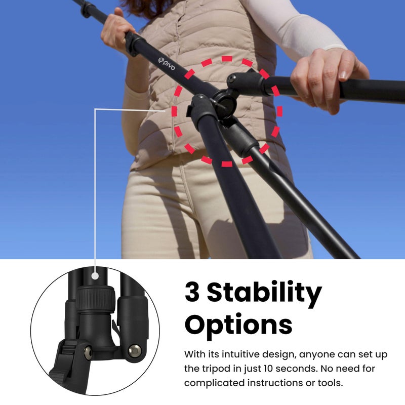 Pivo 63" Extendable Cell Phone & Camera Tripod with Sturdy, Lightweight, Portable, Foldable Stand for Video Recording with Universal 1/4"" Thread for DSLR, Smartphone, Action Camera & Pivo Pods - Image 3