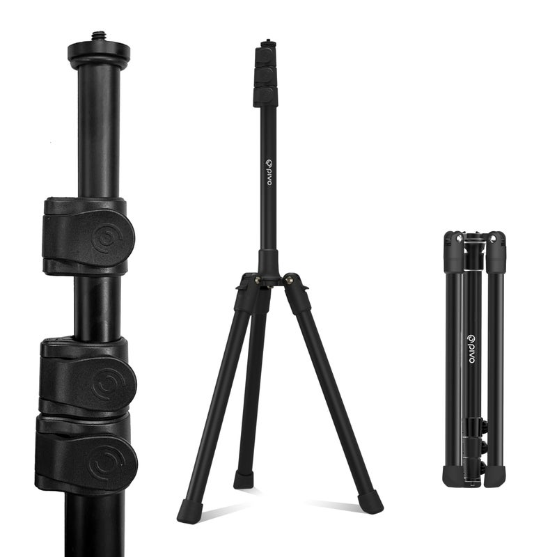 Pivo 63" Extendable Cell Phone & Camera Tripod with Sturdy, Lightweight, Portable, Foldable Stand for Video Recording with Universal 1/4"" Thread for DSLR, Smartphone, Action Camera & Pivo Pods - Image 1