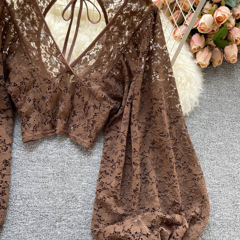 TYATVS Whimsigoth Clothes Bell Sleeve Tops for Women Y2k Lace Blouse Fairy Grunge Cottagecore Whimsy Twee Aesthetic 2000s(Brown,One Size) - Image 3