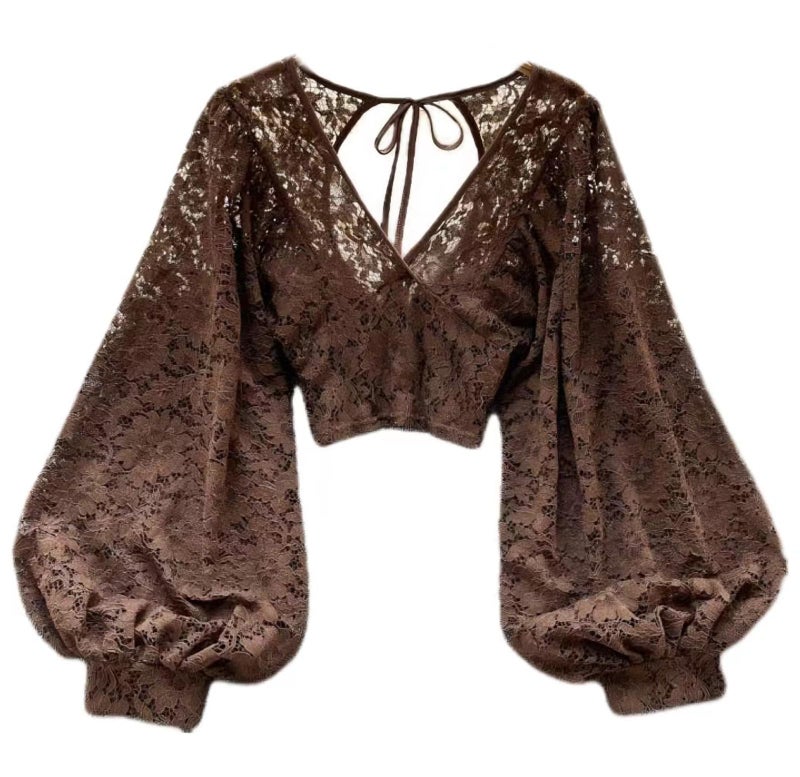 TYATVS Whimsigoth Clothes Bell Sleeve Tops for Women Y2k Lace Blouse Fairy Grunge Cottagecore Whimsy Twee Aesthetic 2000s(Brown,One Size) - Image 1