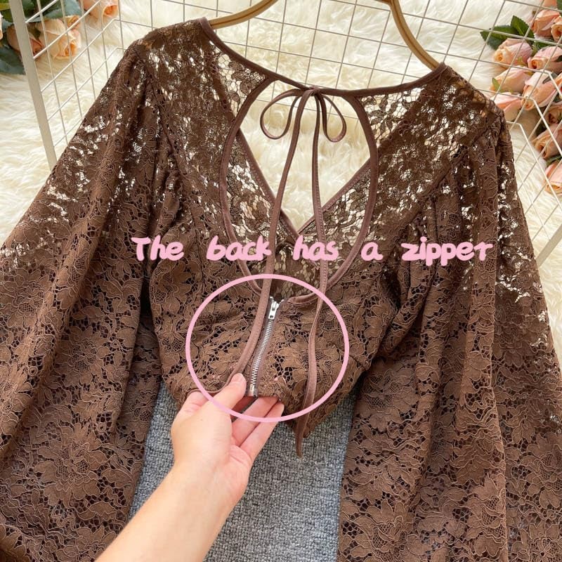 TYATVS Whimsigoth Clothes Bell Sleeve Tops for Women Y2k Lace Blouse Fairy Grunge Cottagecore Whimsy Twee Aesthetic 2000s(Brown,One Size) - Image 4