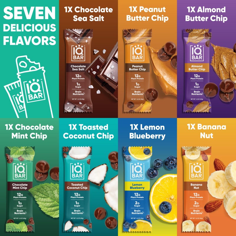 IQBAR Brain and Body Plant Protein Bars - 7 Bar Sampler Variety Pack - Keto, Vegan, Low Carb, High Fiber, Gluten Free, Dairy Free, Low Sugar Snack with Nutrients for Focus, Energy and Meal Replacement - Image 2