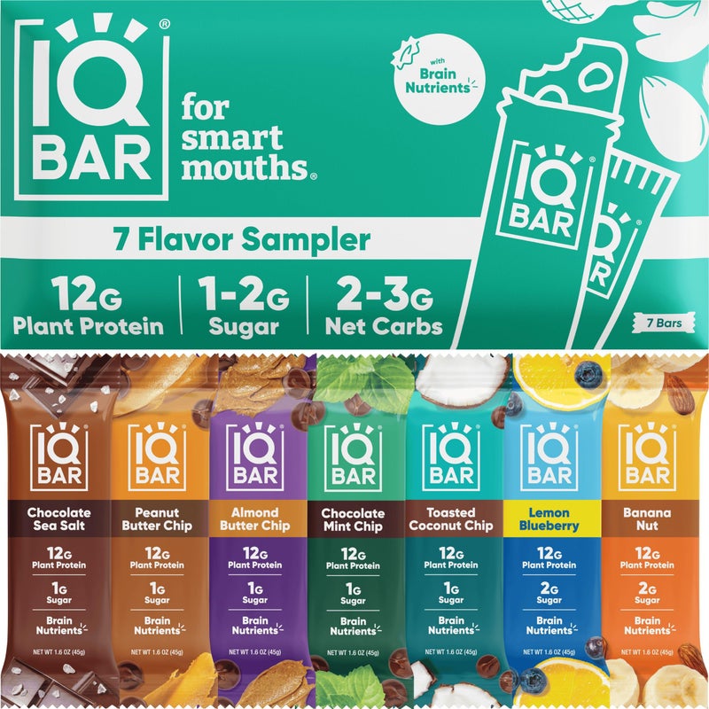 IQBAR Brain and Body Plant Protein Bars - 7 Bar Sampler Variety Pack - Keto, Vegan, Low Carb, High Fiber, Gluten Free, Dairy Free, Low Sugar Snack with Nutrients for Focus, Energy and Meal Replacement - Image 1