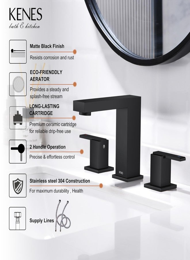 KENES Black Widespread Bathroom Faucet 3 Hole Bathroom Sink Faucet Matte Black Two Handle, 8-Inch 3 Pieces Bathroom Vanity Faucet with Pop Up Drain & Supply Lines, KE-9050-2-P - Image 3