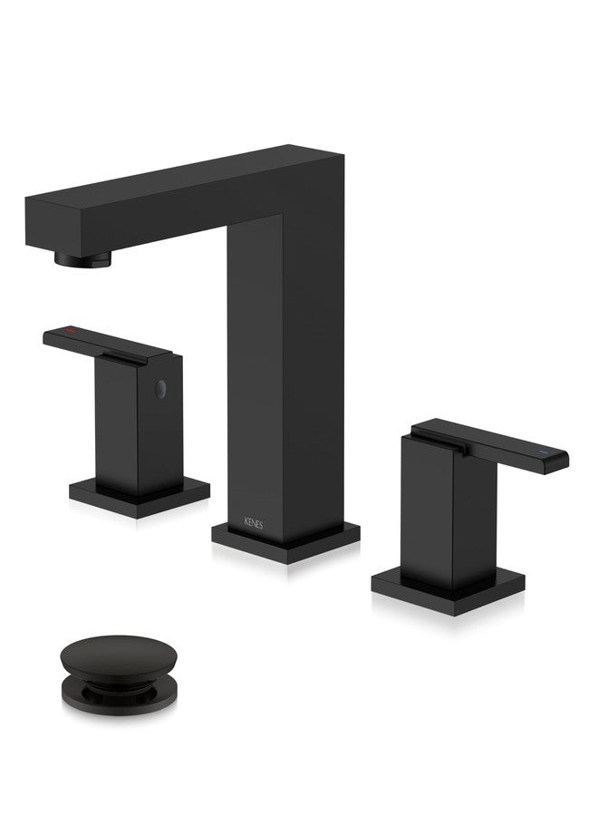 KENES Black Widespread Bathroom Faucet 3 Hole Bathroom Sink Faucet Matte Black Two Handle, 8-Inch 3 Pieces Bathroom Vanity Faucet with Pop Up Drain & Supply Lines, KE-9050-2-P - Image 1