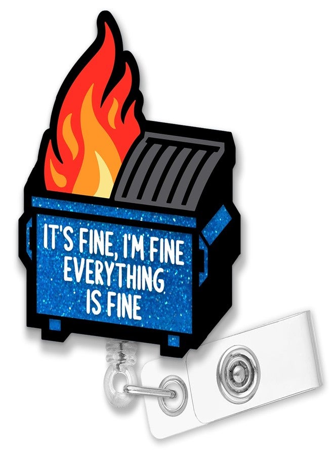QYUVK Retractable It's Fine, I'm Fine Everything is Fine Badge Reel with Alligator Clip, Funny Navy Blue Glitter Dumpster Fire Badge Holder Gift for Doctors Nurses Office Worker Social Worker Teacher - Image 1