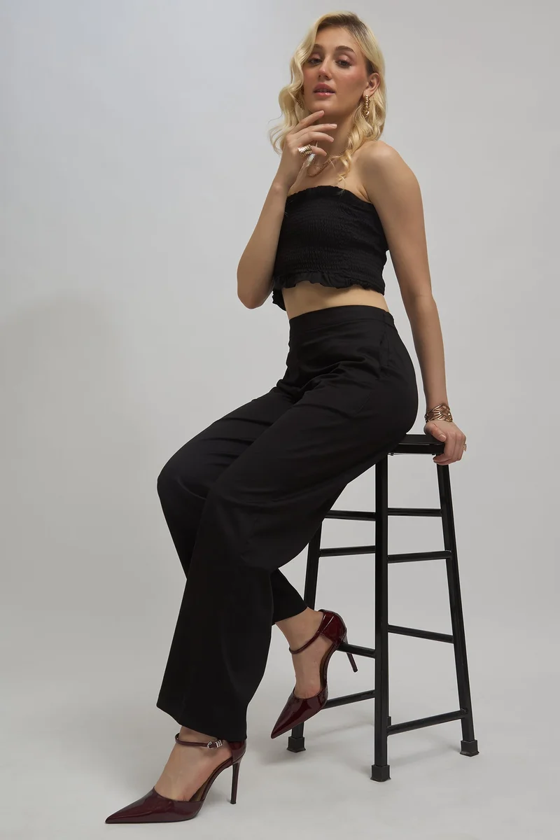 فيرجيو Solid Cotton Stretch High Rise Wide Pants for Women