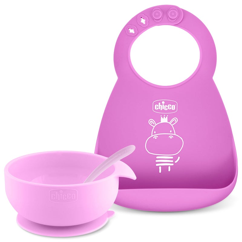 Chicco Easy Start Silicone Feeding Set | Dishes for Baby-Led Weaning | Suction Bowl | Adjustable Bib | Soft Spoon | BPA-Free | 3 Piece Set | 6m+ | Pink - Image 1