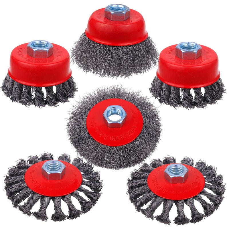 Rocaris 6 Pack Wire Wheel Cup Brush for Angle Grinder, 3 & 4 Inch Twisted Knotted & Coarse Crimped Cup Brush for Cleaning Rust, 5/8 -11 Inch Threaded Arbor - Image 1