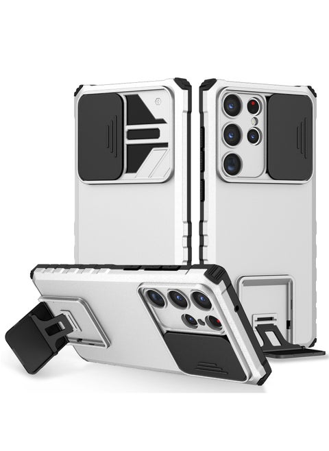 Samsung Galaxy S23 Ultra White Mobile Phone Case Cover, Innovative Telescopic Bracket, Sliding Protection Camera Window, Bumper Shockproof Phone Back Cover