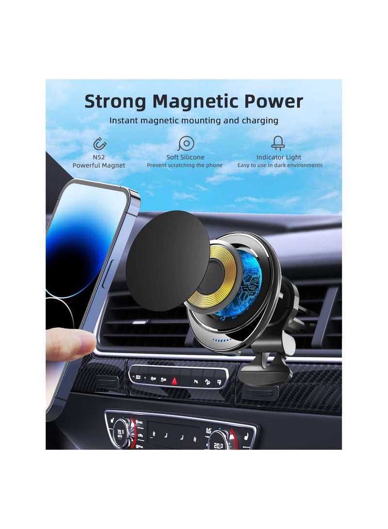 Y&D Magnetic Wireless Car Charger, Compatible with Magsafe Charger Mount, 15W Fast Charging Auto-Alignment Air Vent Mount iPhone 14/13/12 Series, Black(1 Pack) - Image 2