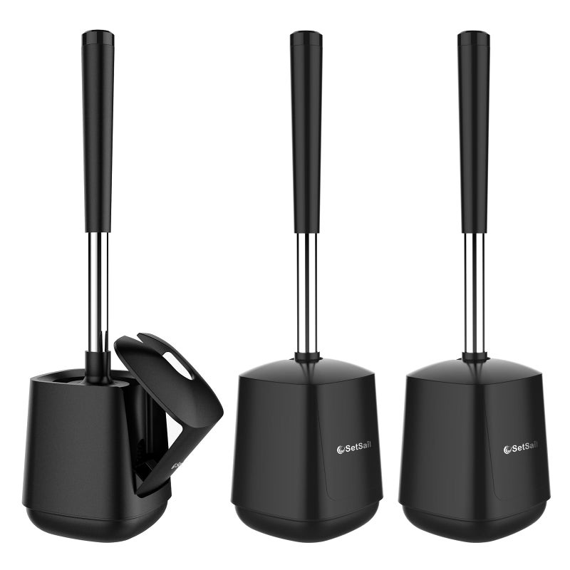 SetSail Toilet Brush and Holder 3 Pack Self Closing Lid Toilet Bowl Brushes Holder Extra Long Handle Ventilated Toilet Brush Set for Bathroom Cleaning Nylon Bristles Black