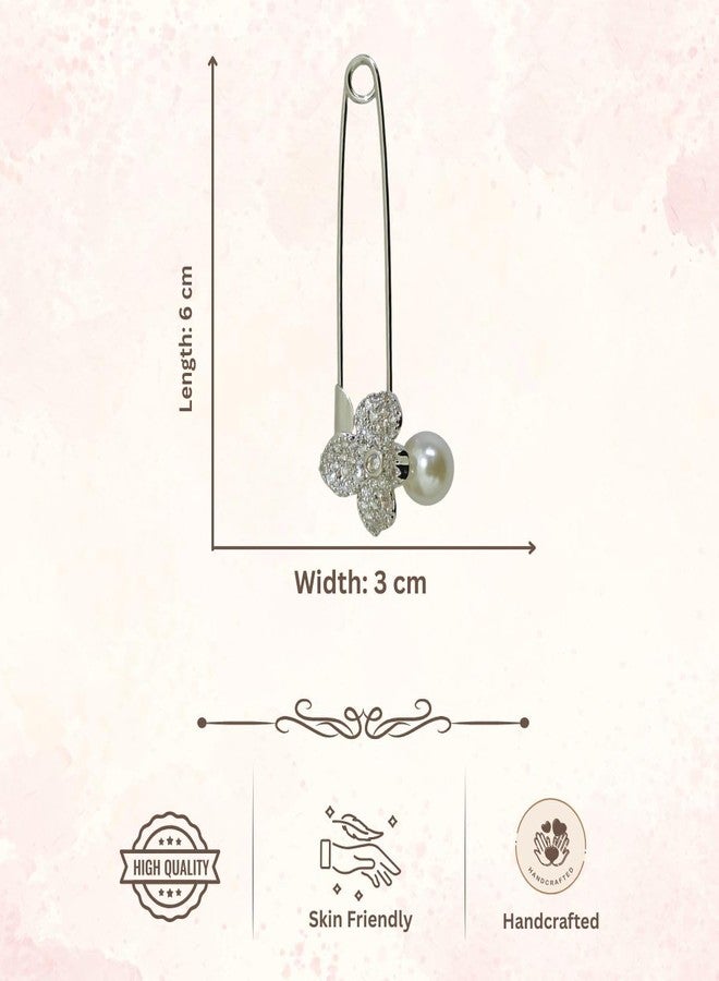 ACCESSHER Women & Girls Silver-Plated Floral Pearl American Diamond Safety Pin Brooch, Decorative Saree and Hijab Pin, Elegant Saree Pleats, Pallu & Dupatta Accessory - Image 5