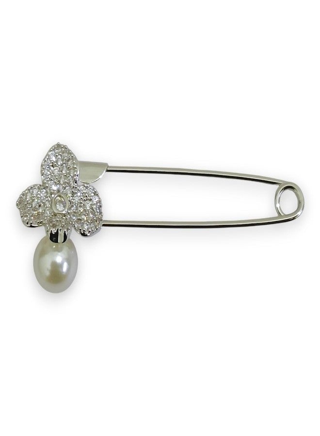 ACCESSHER Women & Girls Silver-Plated Floral Pearl American Diamond Safety Pin Brooch, Decorative Saree and Hijab Pin, Elegant Saree Pleats, Pallu & Dupatta Accessory - Image 2