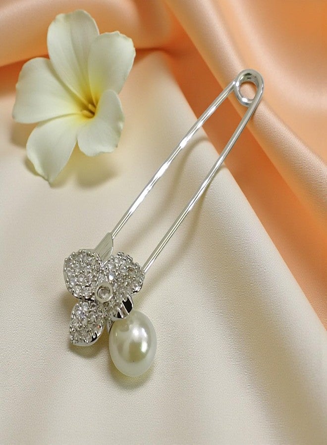 ACCESSHER Women & Girls Silver-Plated Floral Pearl American Diamond Safety Pin Brooch, Decorative Saree and Hijab Pin, Elegant Saree Pleats, Pallu & Dupatta Accessory - Image 4