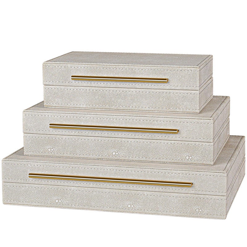 Elegant Set of 3 Ivory Shagreen Decorative Boxes with Velvet Lining and Golden Handles Versatile Home Decor and Jewelry Organizer