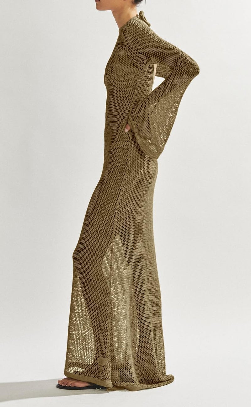 Saodimallsu Womens Crochet Cover Ups Long Sleeve Sexy Mesh Backless Knit Swimsuit Coverup Beach Maxi Dress Khaki - Image 2