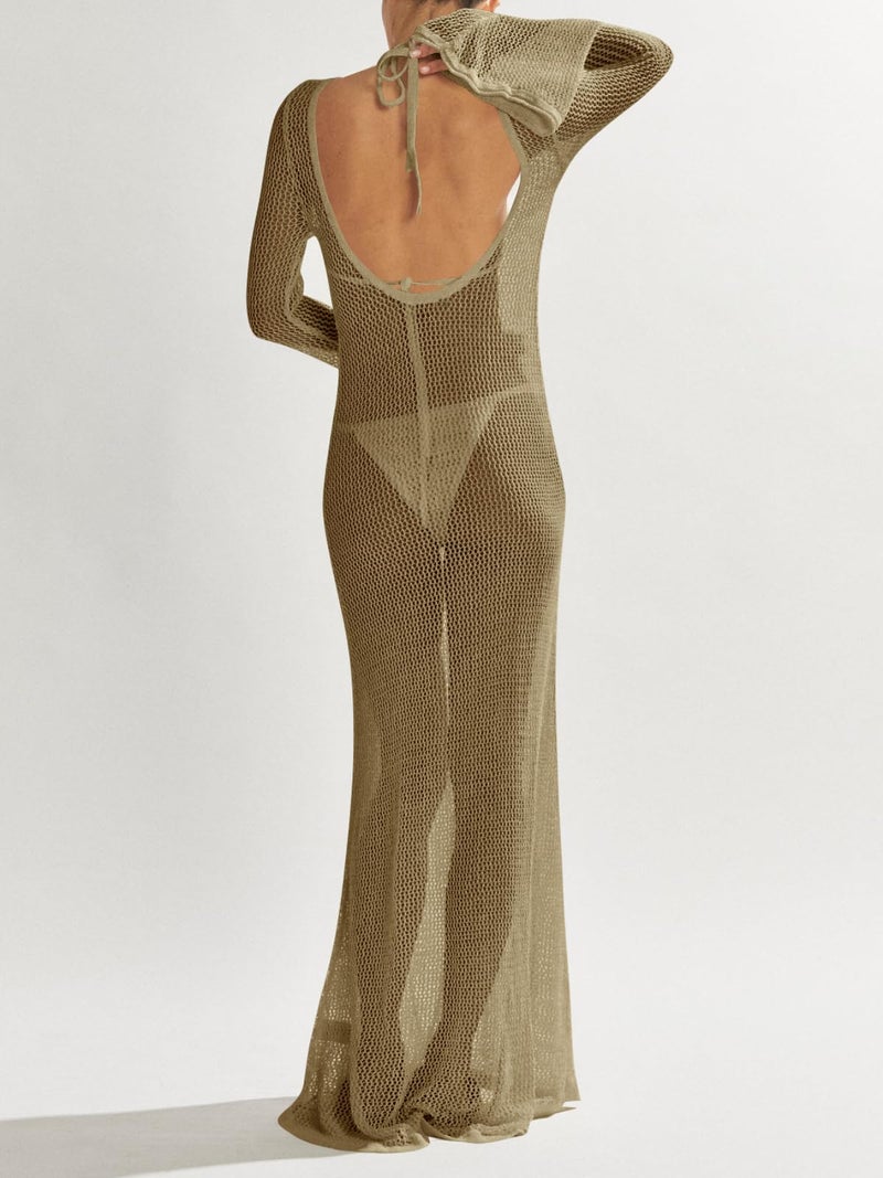Saodimallsu Womens Crochet Cover Ups Long Sleeve Sexy Mesh Backless Knit Swimsuit Coverup Beach Maxi Dress Khaki - Image 5