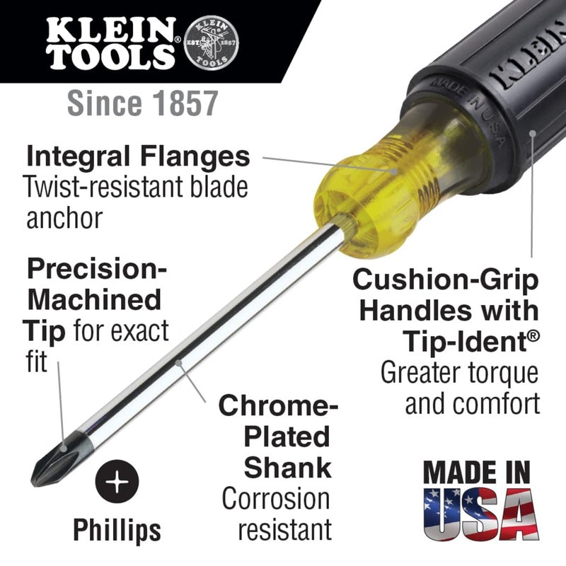 Klein Tools 85078 Screwdriver Set, Made in USA, All-Purpose Screwdriver Kit has 4 Phillips and 4 Flat Head Tips, Non-Slip Cushion Grip, 8-Piece - Image 3