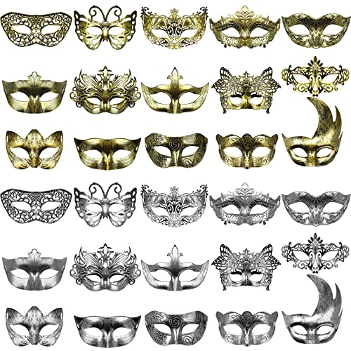 Yunsailing 30 Pieces Masquerade Mask Antique Masks with Straps for Halloween Women Men Mardi Gras Venetian Ball Party(Gold, Silver) - Image 1