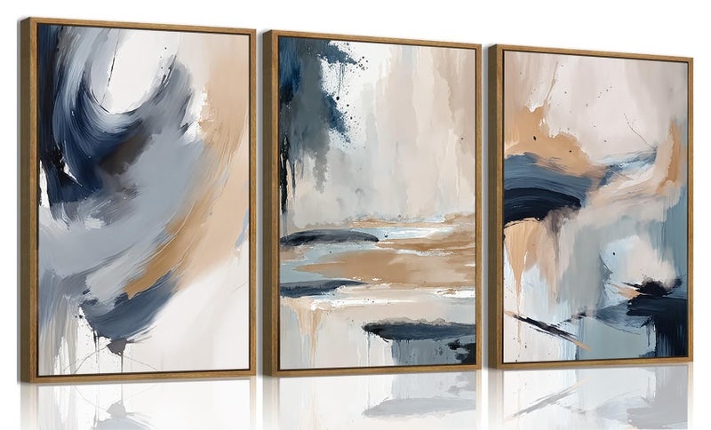 KISSFOX 3 Piece Framed Wall Art Abstract Wall Decor Navy Blue Brown Pictures Modern Minimalist Canvas Art Large Brushstroke Paintings Artwork for Living Room Bedroom Office - Image 1