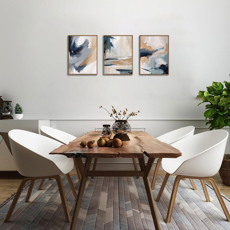 KISSFOX 3 Piece Framed Wall Art Abstract Wall Decor Navy Blue Brown Pictures Modern Minimalist Canvas Art Large Brushstroke Paintings Artwork for Living Room Bedroom Office - Image 3