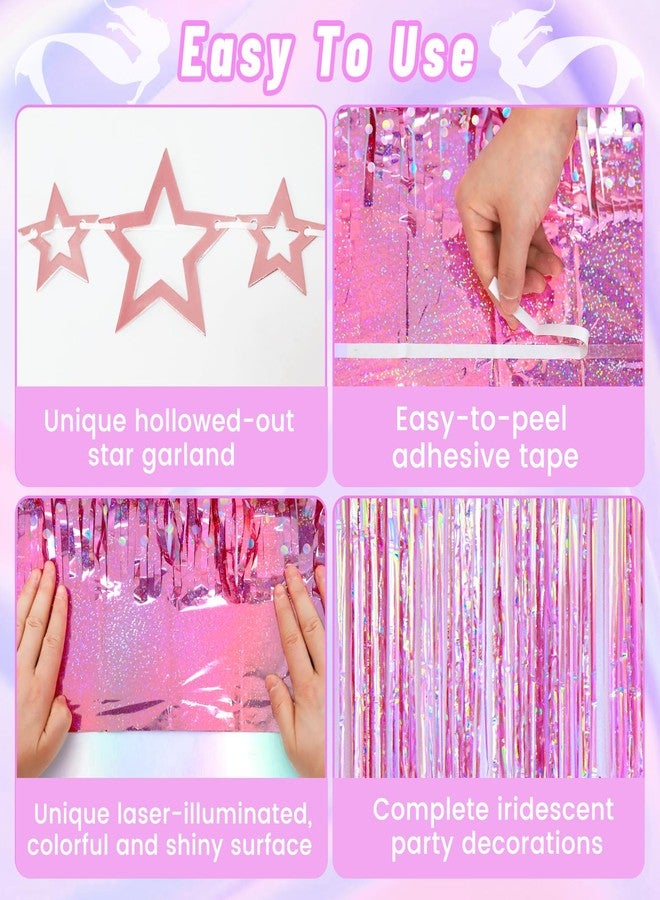 أربع ستائر بشراشيب من رقائق معدنية وردية اللون مع قطعة واحدة من إكليل النجوم الذهبي الوردي، زينة حفلات متقزحة الألوان، خلفية لامعة وردية معدنية لحفلات أعياد الميلاد وحفلات الزفاف، زينة حفلات أميرات وحيد القرن. - Image 3
