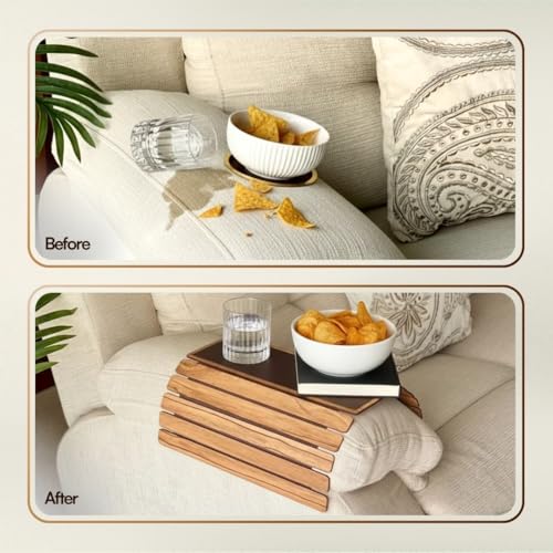 MASON HOME Sofa Rectangular Armrest Tray - Light Brown Full Grain Bamboo Wood with Anti Slip Pad | Dining Tray | Home & Office Décor | Furniture | Serving Platter for Drinks - Appetizer - Snack Bowls - Image 5