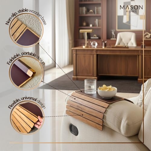 MASON HOME Sofa Rectangular Armrest Tray - Light Brown Full Grain Bamboo Wood with Anti Slip Pad | Dining Tray | Home & Office Décor | Furniture | Serving Platter for Drinks - Appetizer - Snack Bowls - Image 3