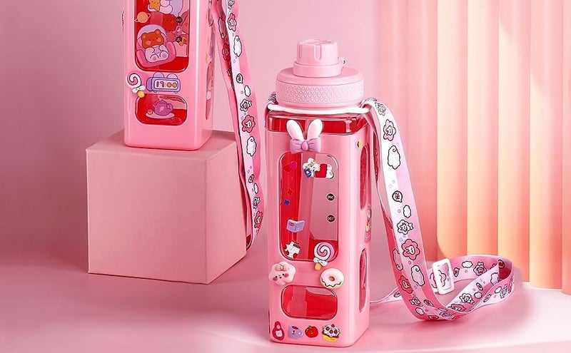 JAMBUVANTI Water Bottle with Straw and Sticker Kawaii Bear Water Bottle Large Sport Plastic Portable Square Drinking Bottle Cute Juice Tea Water Cups Multicolor - Image 2