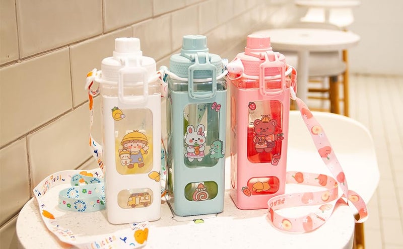 JAMBUVANTI Water Bottle with Straw and Sticker Kawaii Bear Water Bottle Large Sport Plastic Portable Square Drinking Bottle Cute Juice Tea Water Cups Multicolor - Image 1