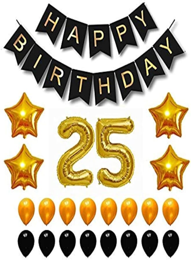 Theme My Party Happy Birthday Party Balloons, Supplies & Decorations Set, Black & Gold (25th Year)