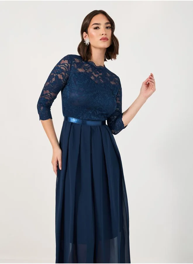 Styli Lace Insert 3/4th Sleeves A-Line Midi Dress