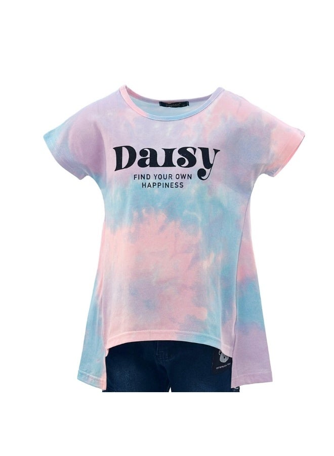 JOANNA JOANNA 23KY362B Girl's Long Back With Daisy Find Your Happiness Print Round Neck Short Sleeve T-Shirt - Purple/Blue/Pink  - Image 1