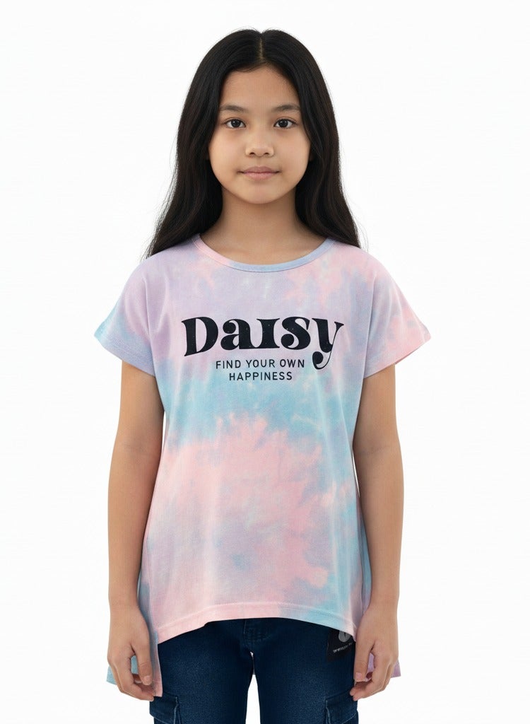 جوانا تي شيرت فتيات برقبة دائرية وأكمام قصيرة بطبعة "اعثري على سعادتك" مع ظهر طويل وزهور الأقحوان - بنفسجي/أزرق/وردي - Image 1