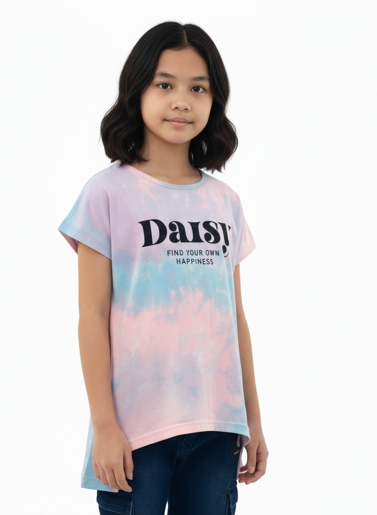 جوانا تي شيرت فتيات برقبة دائرية وأكمام قصيرة بطبعة "اعثري على سعادتك" مع ظهر طويل وزهور الأقحوان - بنفسجي/أزرق/وردي - Image 2