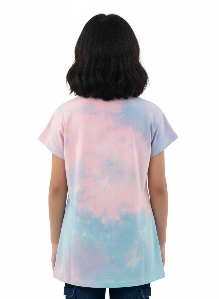 جوانا تي شيرت فتيات برقبة دائرية وأكمام قصيرة بطبعة "اعثري على سعادتك" مع ظهر طويل وزهور الأقحوان - بنفسجي/أزرق/وردي - Image 3